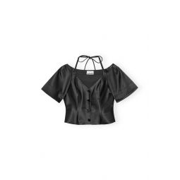 DOUBLE SATIN FITTED OPEN NECK BLOUSE - Black