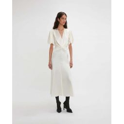 Gathered V Neck Midi Dress - White