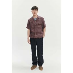 Double Sided Linen Short Sleeve Relaxed Camp Collar Shirt - Rusty Red/Blue Checquered