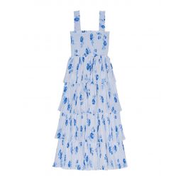 Pleated Georgette Flounce Smock Dress - Blue