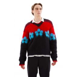V Neck Flower Sweater - Black/Red/Blue
