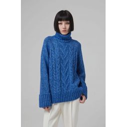 Chunky Cable Oversized Highneck Pullover - Nautical Blue/EGRET
