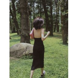 Knitted Backless Slip Dress -Black