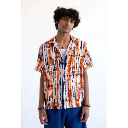 Desi Short Sleeve Camp Collar Blue and Orange Batik Print