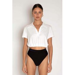 Sueded Jersey Bubble Cropped Polo - White