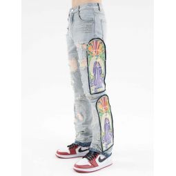 Richgainer Embroidery Patchwork Denim Jeans - Ice Blue