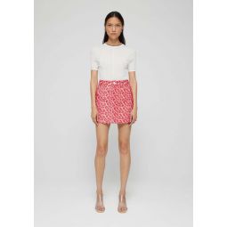 Embroidered Floral Denim Skirt - Raspberry Red