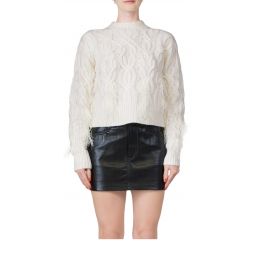Feather Embellished Cable Sweater - Cream