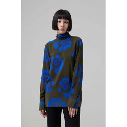 Silk Long Sleeves Stand Up Collar Top - Khaki/Gradient Blue Flowers Printed