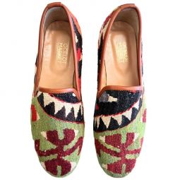Turkish Kilim Loafers | Light Green with Red Pattern