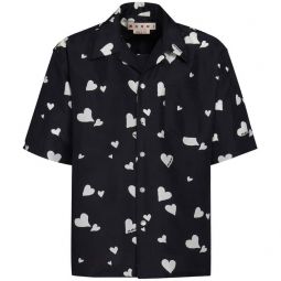 Silk Shirt With Bunch Of Hearts Print - Black