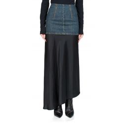 Layered Denim & Satin Maxi Skirt - Blue/Black