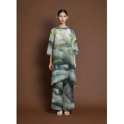 Shale Raglan Printed Organza Silk Side Slit Dress - Roots Print