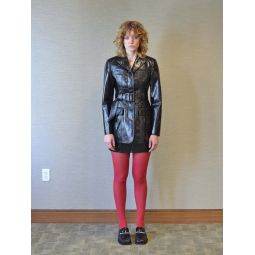 Glossy Faux Leather Belted Jacket - Black