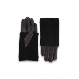 Leather Knit Sleeve Gloves - Black