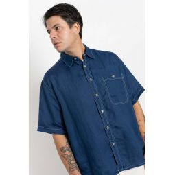 Linen Loose Fit Short Sleeve Shirt - Indigo