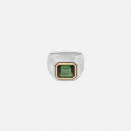 solitaire rectangle ring in silver and yellow gold with green tourmaline
