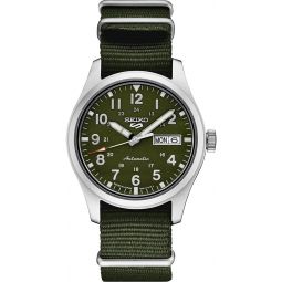 SEIKO SRPG33 Watch for Men - 5 Sports - Automatic with Manual Winding Movement, Green Dial, Stainless Steel Case, Green Nylon Strap, 100m Water Resistant, and Day/Date Display