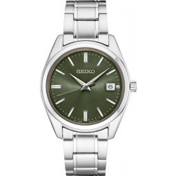 SEIKO Meninchs Quartz Watch - Green Dial with Date, Stainless Steel Bracelet, 100M Water Resistant