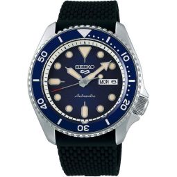 SEIKO SRPD93 Watch for Men - 5 Sports - Automatic with Manual Winding Movement, Blue Sunray Dial with Blue Bezel, Stainless Steel Case, Black Silicone Strap, and Day/Date Display