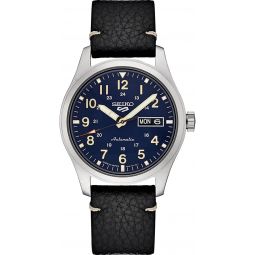 SEIKO SRPG39 Watch for Men - 5 Sports - Automatic with Manual Winding Movement, Blue Dial, Stainless Steel Case, Black Leather Strap, 100m Water Resistant, and Day/Date Display