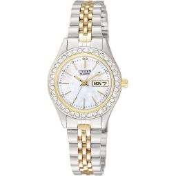Citizen Ladiesinch Dress Quartz Stainless Steel Bracelet with Crystals and Day Date