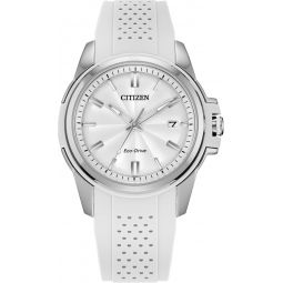 Citizen Ladies' Eco-Drive Classic Silver Stainless Steel 3 Hand Watch with White Rubber Strap,White Dial (Model:FE6131-04A)