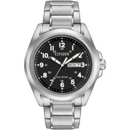 Citizen Meninchs Eco-Drive Weekender Garrison Field Watch in Stainless Steel, Black Dial, Arabic Markers, Luminous, 43mm (Model: AW0050-82E)