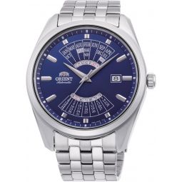 Orient Contemporary Multi Year Calendar Male Automatic Hand Winding Wristwatch - Mechanical Casual Stainless Steel Band and case Grey Analog Blue Dial - RA-BA0003L10B, Silver/Blue,