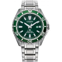 Citizen Meninchs Eco-Dive Promaster Dive, Silver-Tone Stainless Steel Bracelet Watch, Green Dial, 3 Hand, Date (Model: BN0199-53X)