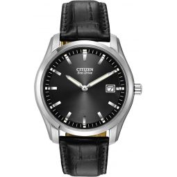 Citizen Meninchs Classic Eco-Drive Leather Strap Watch, Date, Luminous Hands and Markers, Black Dial, Black Strap/Stainless Steel