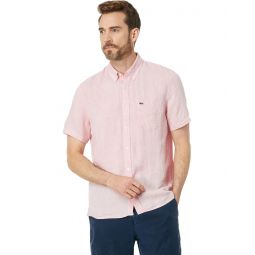 Mens Lacoste Short Sleeve Regular Fit Linen Casual Button-Down Shirt with Front Pocket