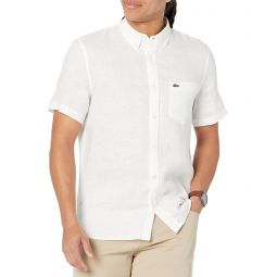 Mens Lacoste Short Sleeve Regular Fit Linen Casual Button-Down Shirt with Front Pocket
