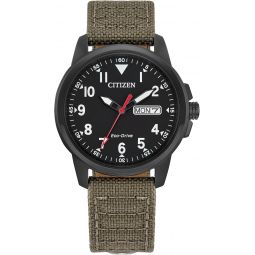 Citizen Men's Eco-Drive Weekender Garrison, Black Stainless Steel Watch, Khaki Leather Strap, 3 Hand, Day/Date (Model: BM8186-07E)