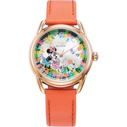 Citizen Eco-Drive Ladiesinch Disney Minnie Mouse Gardening Watch, Gold Tone with Coral Strap, Floral, 3-Hand Date, 36mm (Model: FE6087-04W)