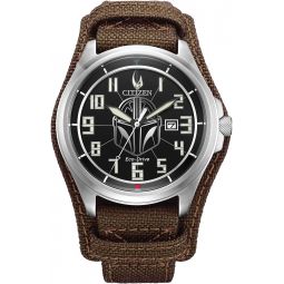 Citizen Eco-Drive Men's Star Wars Mandalorian Watch, Brown Nylon and Leather Watch, Stainless Steel, 3-Hand Date, Luminous, 44mm (Model: AW1411-05W)