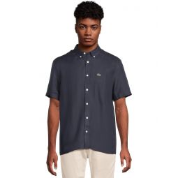 Mens Lacoste Short Sleeve Regular Fit Linen Casual Button-Down Shirt with Front Pocket