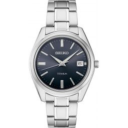Seiko SUR373 Watch for Men - Essentials - Blue Dial with Sunray Finish, Date Calendar, Titanium Case & Bracelet, Sapphire Crystal, and 100m Water Resistant