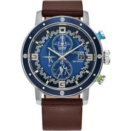 Citizen Meninchs Eco-Drive Star Wars Luke Skywalker Chronograph Stainless Steel Watch with Brown Leather Strap, Blue Bezel, 44mm (Model: CA0768-07W)