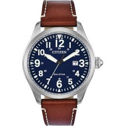 Citizen Meninchs Sport Casual Garrison 3-Hand Date Eco-Drive Leather Strap Watch, Arabic Markers, Stainless Steel, Field Watch