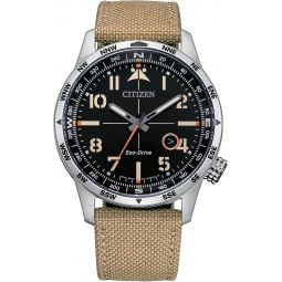 Citizen Meninchs Eco-Drive Weekender Avion Field Watch in Stainless Steel with Khaki Nylon Strap, Black Dial (Model: BM7550-01E)