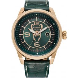 Citizen Eco-Drive Meninchs Marvel Villians Loki Rose Gold Stainless Steel Case Watch with Deep Green Crocodile Textured Leather Strap, 45mm (Model: AW1363-06W)