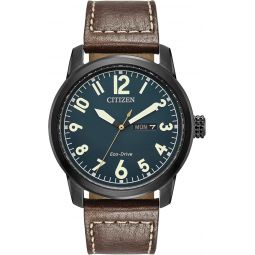 Citizen Meninchs Eco-Drive Weekender Garrison Field Watch in Black IP Stainless Steel with Brown Leather strap, Navy Dial (Model: BM8478-01L)