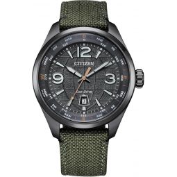Citizen Meninchs Eco-Drive Weekender Sport Casual, Gray Stainless Steel Watch, Green Nylon Strap, 3 Hand, Date (Model: AW1837-11H)