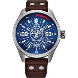 Citizen Eco-Drive Meninchs Star Wars Han Solo inchSometimes I Even Amaze Myselfinch Watch, Stainless Steel with Brown Leather Strap, Blue Dial, Luminous, 43mm (Model: AW5009-03W)