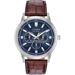 Citizen Meninchs Eco-Drive Corso Classic Watch in Stainless Steel with Brown Leather strap, Blue Dial (Model: BU2070-12L)