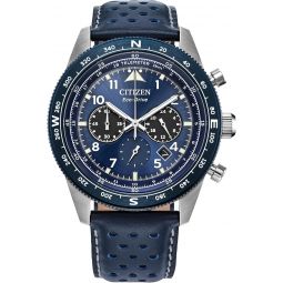 Citizen Meninchs Eco-Drive Weekender Sport Casual, Silver-Tone Stainless Steel Watch, Blue Leather Strap, Chronograph (Model: CA4557-01L)