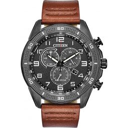 Citizen Meninchs Eco-Drive Weekender Chronograph Watch in Black IP Stainless Steel with Brown Leather strap, Black Dial (Model: AT2447-01E)