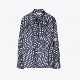 PRINTED SILK TWILL BOW BLOUSE