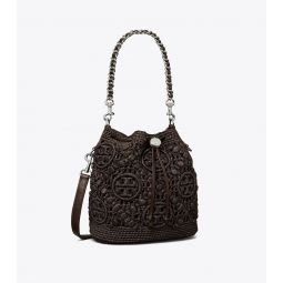 T MONOGRAM RAFFIA BUCKET BAG